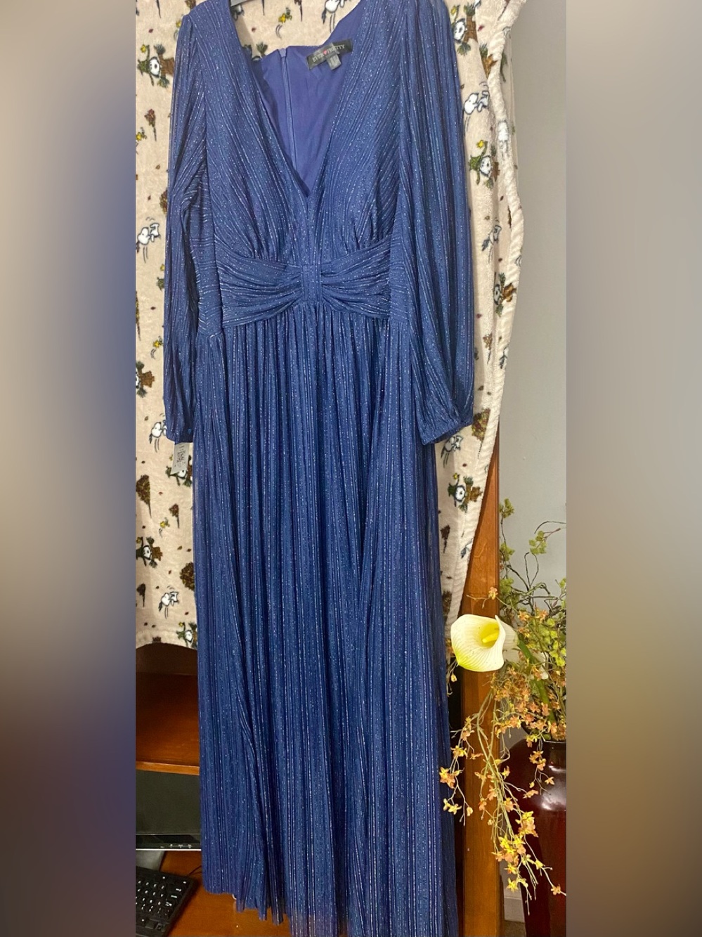Ever Pretty Blue Glitter Pleated V-Neck Long Sleeve Maxi Dress